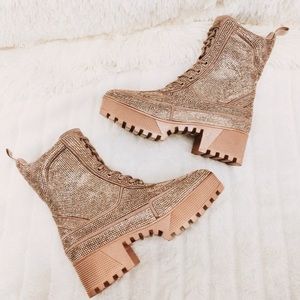 LACE UP DIAMANTÉ GLAM RHINESTONE COMBAT BOOTS